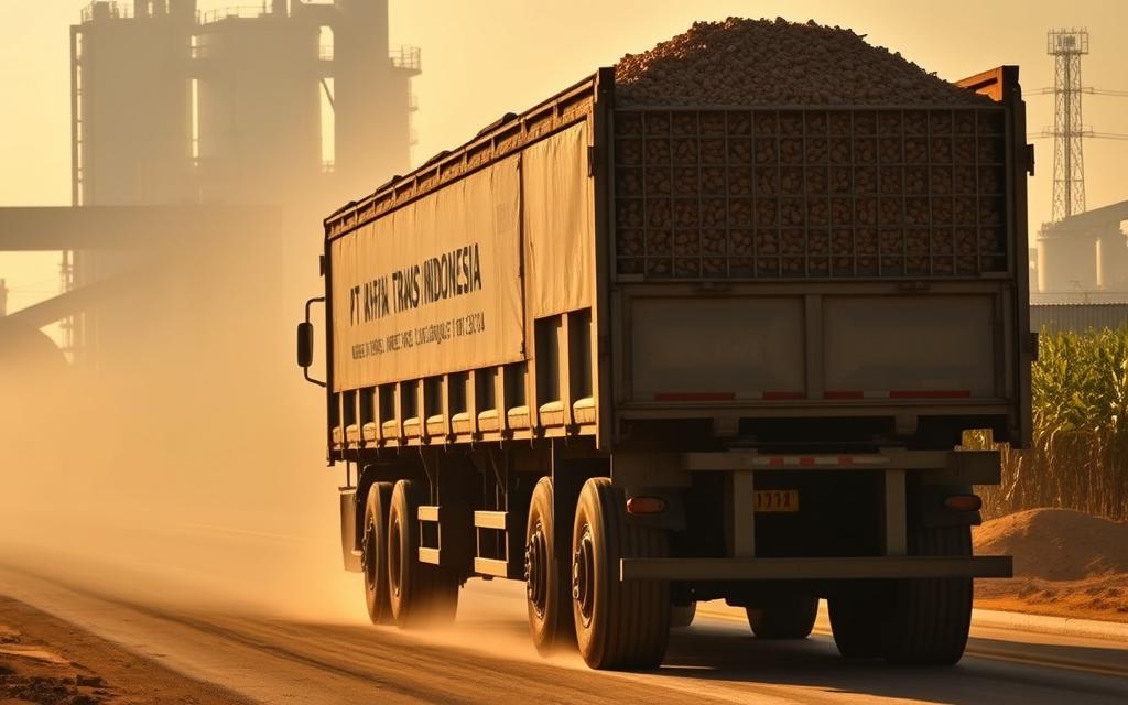 A large industrial transport truck, emblazoned with the logo "PT RAFIKA TRANS INDONESIA", slowly navigates the dusty roads leading to a corn processing plant. The truck's cargo bed is filled to the brim with a dense, sludgy cake-like material - the byproduct of the plant's corn processing operations. The scene conveys the logistical challenge of transporting this industrial waste, known as "sludge cake", from the factory to its final disposal site. The truck is captured in a low-angle shot, emphasizing its imposing size and the scale of the sludge cake transportation operation. Warm, golden lighting filters through the haze, creating a muted, industrial atmosphere that reflects the utilitarian nature of this logistical task. A large industrial transport truck, emblazoned with the logo "PT RAFIKA TRANS INDONESIA", slowly navigates the dusty roads leading to a corn processing plant. The truck's cargo bed is filled to the brim with a dense, sludgy cake-like material - the byproduct of the plant's corn processing operations. The scene conveys the logistical challenge of transporting this industrial waste, known as "sludge cake", from the factory to its final disposal site. The truck is captured in a low-angle shot, emphasizing its imposing size and the scale of the sludge cake transportation operation. Warm, golden lighting filters through the haze, creating a muted, industrial atmosphere that reflects the utilitarian nature of this logistical task.